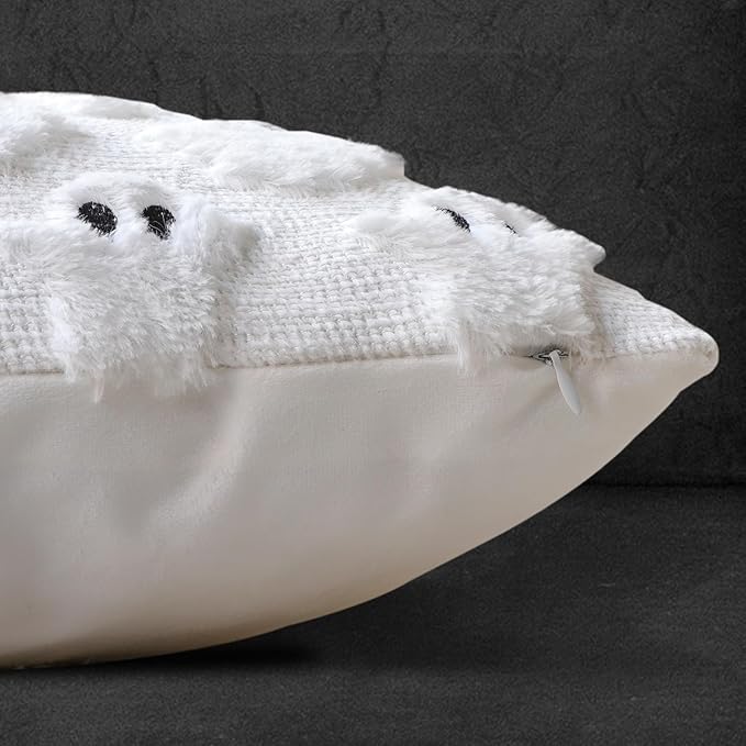 4TH Emotion Halloween Ghost Decorative Pillow Covers 20x20 Set of 2, White Soft Plush Faux Fur Farmhouse Throw Cushion Cases for Fall Autumn Holiday Home Decorations