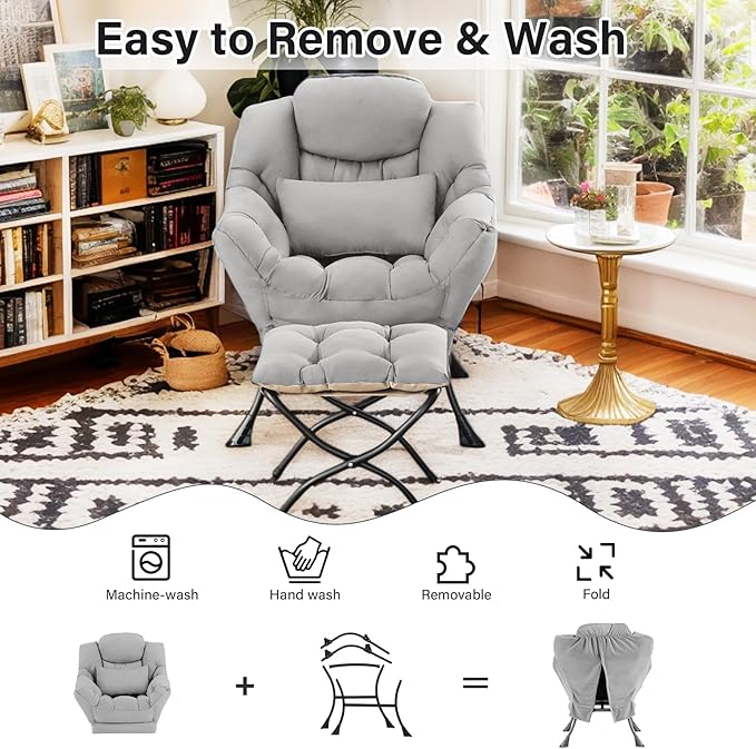 Lazy Chair with Ottoman, Modern Lounge Chair with Lumbar Pillow, Accent Cozy Reading Armchair and Folding Footstool for Bedroom, Dorm, Living Room,Light Grey