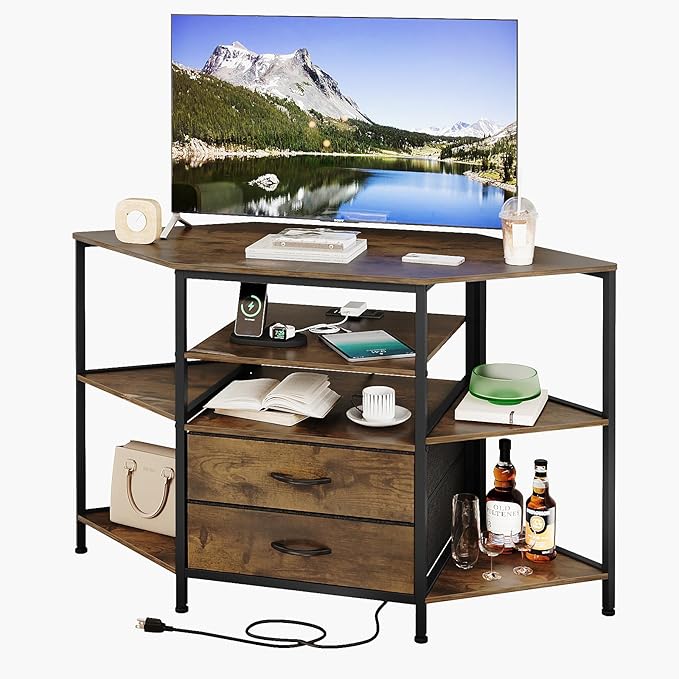 Corner TV Stand for 55 Inch TV, Farmhouse Entertainment Center with 2 Drawers Storage, Corner TV Console with Power Outlet, Retro Brown Media Console for Living Room, Brown