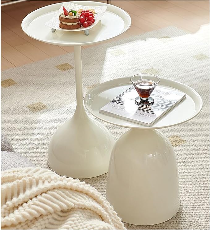 Side Table Set of 2, Small Coffee Round Bedroom End Table, Patio Metal Nesting Tables Pedestal Tables, Bedside Console Table for Living Room (White)
