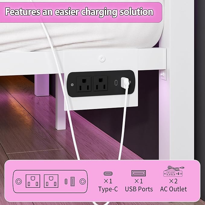 Full Size Bed Frame with Headboard and Footboard,Steel Slats Support-LED Bed Frame with USB Charging Station,Mattress Foundation-Under Bed Storage,No Box Spring Needed,Noise Free,White