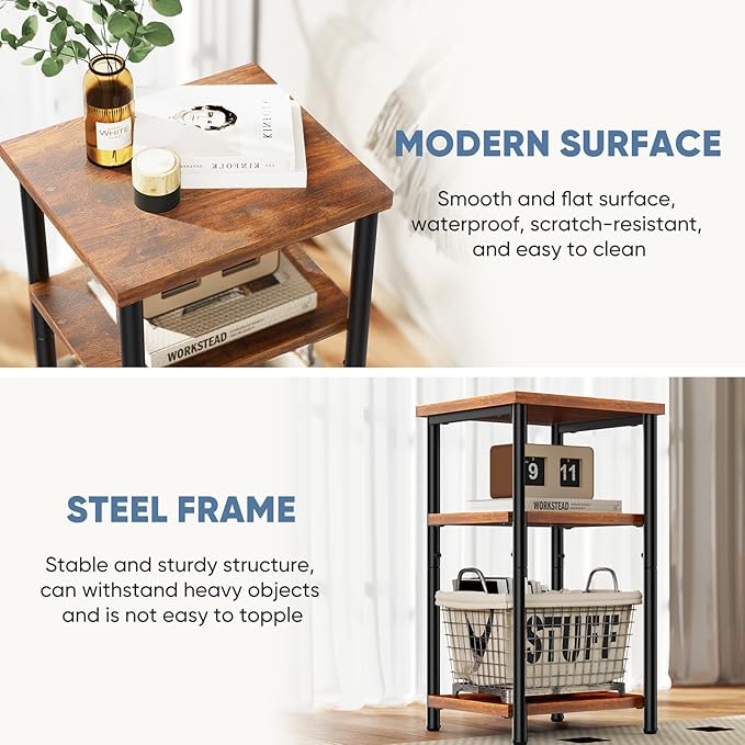 DUMOS End Table Small Side Sofa Tables 3 Tier Tall Nightstand Storage Shelf with Adjustable Feet for Living Room Bedroom Office, Brown