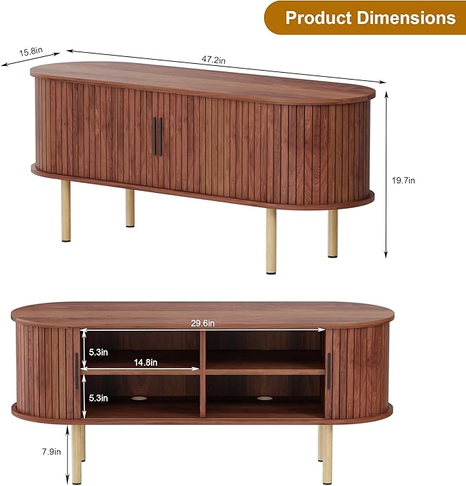 GarveeHome 47.2" TV Stand, Modern TV Console Table with Storage Compartment and Sliding Door, Gaming Entertainment Center with Cabinet for Living Room, Bedroom, Office, Walnut