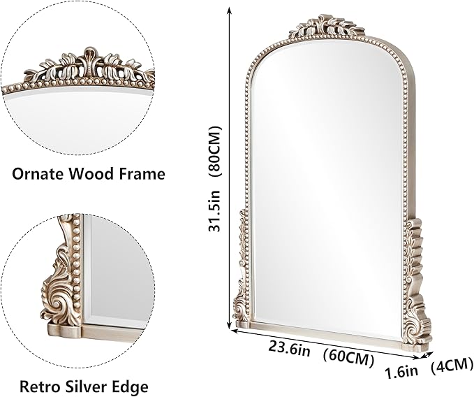 SHYFOY Antique Silver Mirrors for Wall Decor, Vintage Decorative Wall Mirror, Baroque Arch Large Mirrors for Living Room Entryway Powder Room, Home Decor