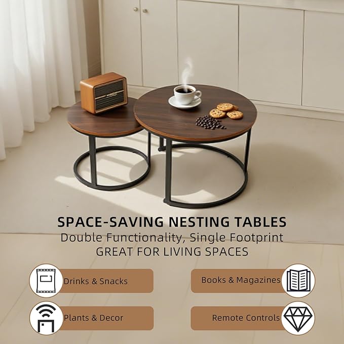 FAHKNS Nesting Coffee Table Set of 2, 27.56" & 19.68" Round Simple Industrial Side Tables for Living Room with Wood Top & Metal Base, Space-Saving Furniture for Small Spaces