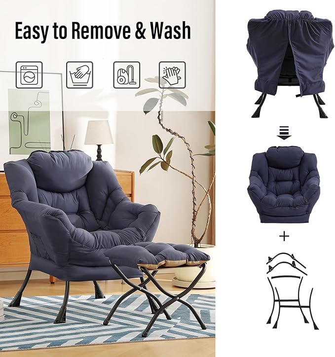 Lazy Chair with Ottoman, Modern Chair with Folding Footrest, Lounge Accent Chair, Comfortable Reading Chair (Navy Blue)
