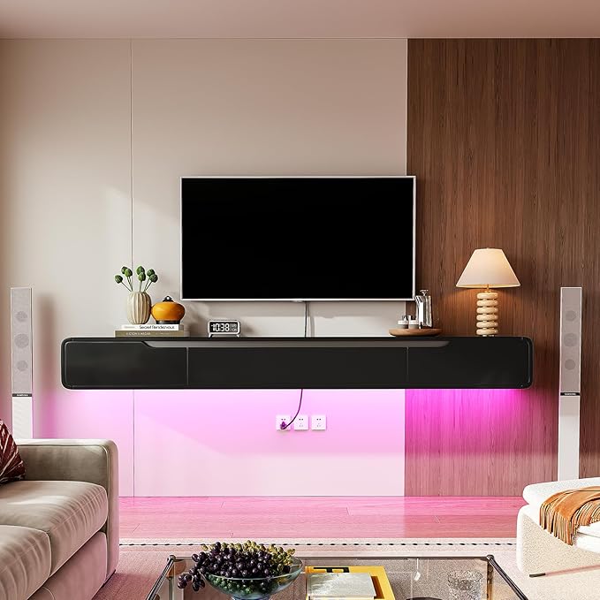Fully-Assembled Floating TV Stand with Drawers, 94IN High Gloss Wall Mounted Entertainment Center, Modern Media Console with Storage, Under TV Shelf for Bedroom Living Room Black