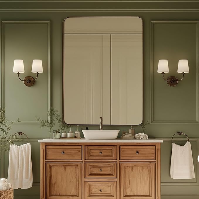 24x36 Inch Brushed Bronze Bathroom Mirror for Wall, Metal Framed Rectangle Mirror with Rounded Corner, Bathroom Vanity Mirror in Aluminum Alloy, Hangs Horizontally or Vertically