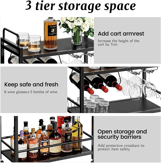 Home Bar Serving Cart, Serving Cart with Wheels and Handle, 3 Tier Rolling Kitchen Cart, Microwave Cart, Beverage Cart with Wine Holder and Glass Holders, for Dinning Room, Living Room, Black