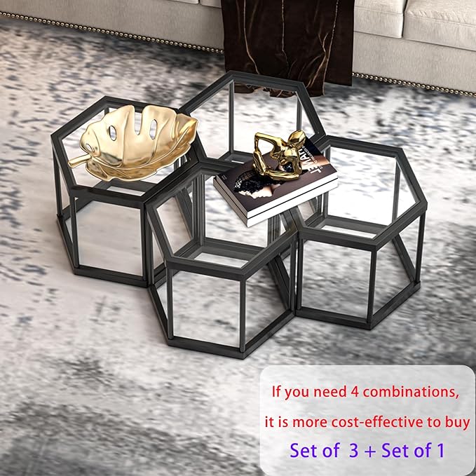 Coffee Table Glass Modern Coffee Table, Hexagon Free Combination Glass Center Table Small End Tables with Metal Frame for Living Room Set of 3