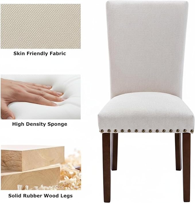 Set of 2 Beige Upholstered Dining Chairs – Farmhouse Kitchen Chairs with High Back, Solid Rubberwood Legs, Padded Foam Seat & Bronze Nailhead Trim, Comfortable Dining Room Chairs for Home, Living Room