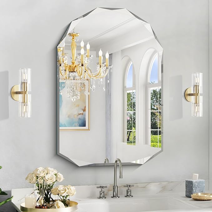 KOCUUY 24"x36" Frameless Mirror, Arched Shape with Diamond-Shaped Beveled Edge,Unframed Decorative with Upgraded Shatterproof Glass,Unique Frameless Mirror for Bathroom,Living Room,Bedroom