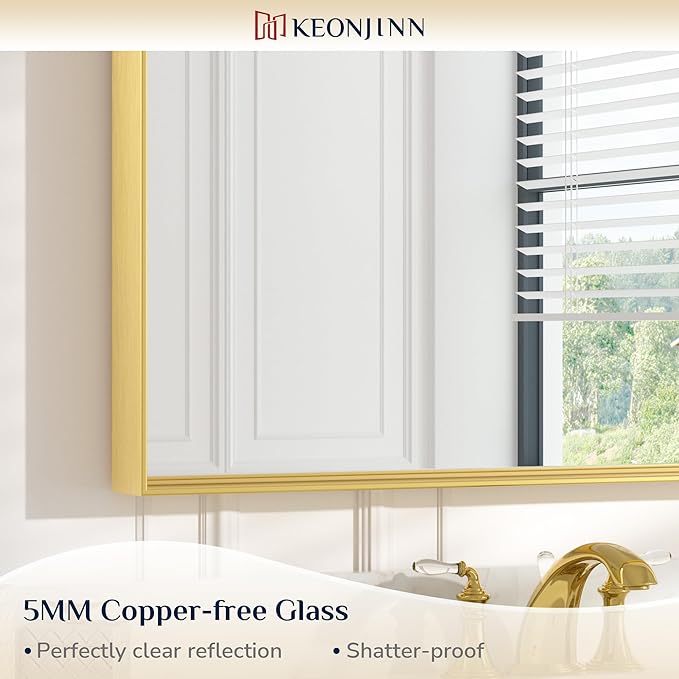 Keonjinn Gold 60 x 36 Inch Brushed Gold Metal Framed Rectangular Wall Mirror