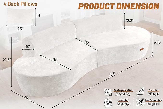Homguava 104'' Modular Sectional Sofa,Curved Modern Sofa with Memory Foam,Deep Seat Cloud Couch with 4 Pillows,Upholstered Oversized Couches for Living Room Apartment Office,No Assembly Required,Beige