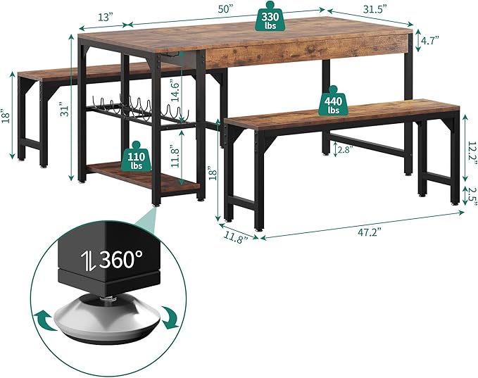 YITAHOME 63" 3 Piece Kitchen Dining Table Set for 4 with Bench & Storage, Farmhouse Rectangle Dining Room Dinner Table with Wine & Glass Holder for Space Saving Brown