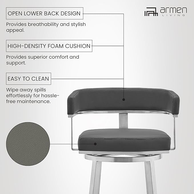 Armen Living Lorin Modern 26" Seat Height Gray Faux Leather and Brushed Stainless Steel Metal Swivel Bar Stool for Kitchen Island Counter