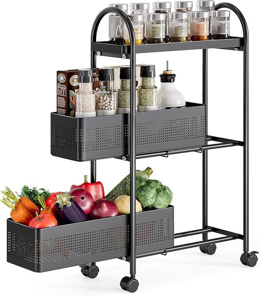 KINGRACK 3-Tier Slim Storage Cart with Pull Out Basket, Rolling Bathroom Organizer Utility, Metal Shelving Unit Slide Out, Lockable Wheels, Easy Assembly for Narrow Place, Kitchen, Laundry Room, Black