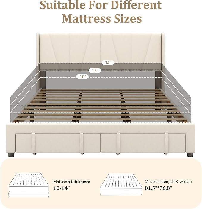 King Bed Frame with Storage Drawers, Upholstered Platform Bed with Headboard and Wingboard, No Box Spring Needed, NO Noise, Easy Assembly, Wooden Support Slats, Beige