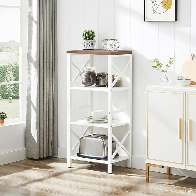 Small Bookshelf,4 Tier Industrial Bookcase with Metal Frame and Backboard,Narrow White Book Shelf,Book case for Small Spaces,Living Room,Bedroom and Home Office