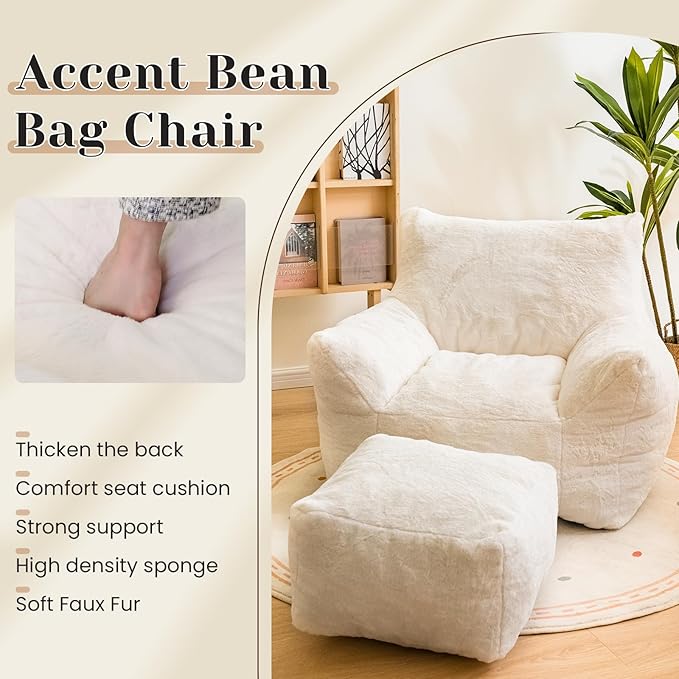 Bean Bag Chair with Ottoman, Armrest Bean Bag Chairs with Filler, Ultra Soft Fluffy Faux Fur Bean Bag Chair with Foot Rest, Plush Lazy Sofa with Foot Stool for Living Room, Dorm