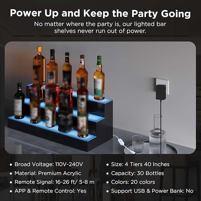 Dethan 4 Tier 40 Inch Liquor Bottle Display Shelf - Wine Racks with Multi-Color App & Remote Control, Adjustable Brightness & Sound Modes, Acrylic Bar Shelves for Commercial Clubs