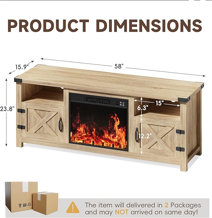 YESHOMY Fireplace TV Stand with Barn Doors and Open Display Shelf, Farmhouse Media Console with Hidden Cable Routing, Entertainment Center for Televisions up to 65+ Inch, Natural Oak