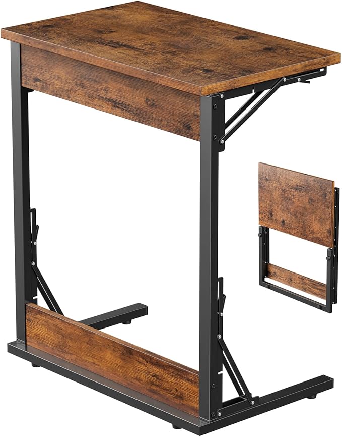 Tatub Folding TV Tray Table, 24" Wide C-Shaped End Table for Couches, Small Sofa-Side Laptop Desk with Metal Frame for Living Room, Bedroom, Rustic Brown