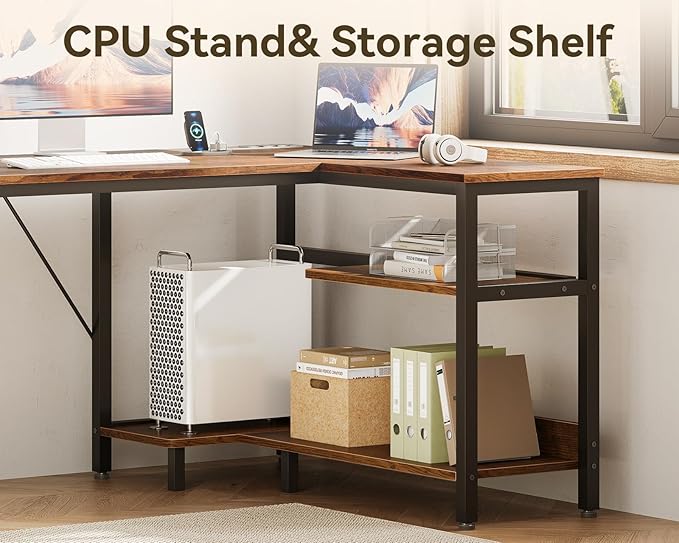 Casaottima L Shaped Desk with Drawers & File Cabinet, Reversible Computer Desk with Storage Shelves & CPU Stand, Corner Desk with Power Outlets, L Desk for Home Office, Rustic Brown