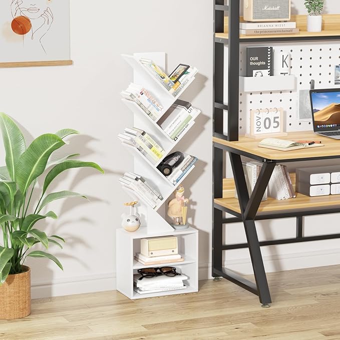10 Tier Tree Bookshelf,Floor Standing Wood Tall Bookcase for Narrow Space, Storage Organizer Bookshelves for Books, Book Case for CDs/Movies/Books,Home Office,Living Room, Bedroom