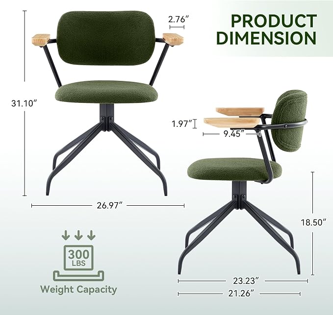 Modern Swivel Dining Chairs Set of 2 with Arms,Upholstered Comfortable Dining Room Chairs, Wooden Armrests & Sturdy Metal Frame, Stylish Kitchen & Dining Table Chairs for Modern Décor