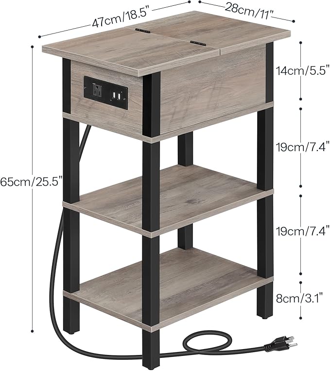 HOOBRO End Table with Charging Station, Flip Top Side Table with USB Ports, Narrow Nightstand Bedside Tables with Storage Shelves, for Small Space, Living Room,Greige and Black BG141UBZ01