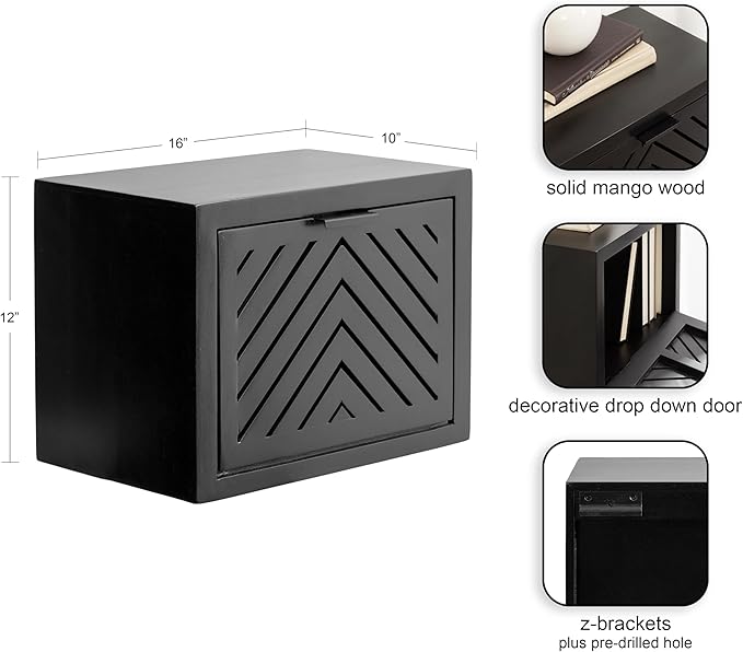 Kate and Laurel Mezzeta Modern Floating Shelf Side Table with Storage Cubby; 16 x 10 x 12; Black; Decorative Slatted Wood Floating Nightstand with Pull Down Door for Use as Bathroom Storage