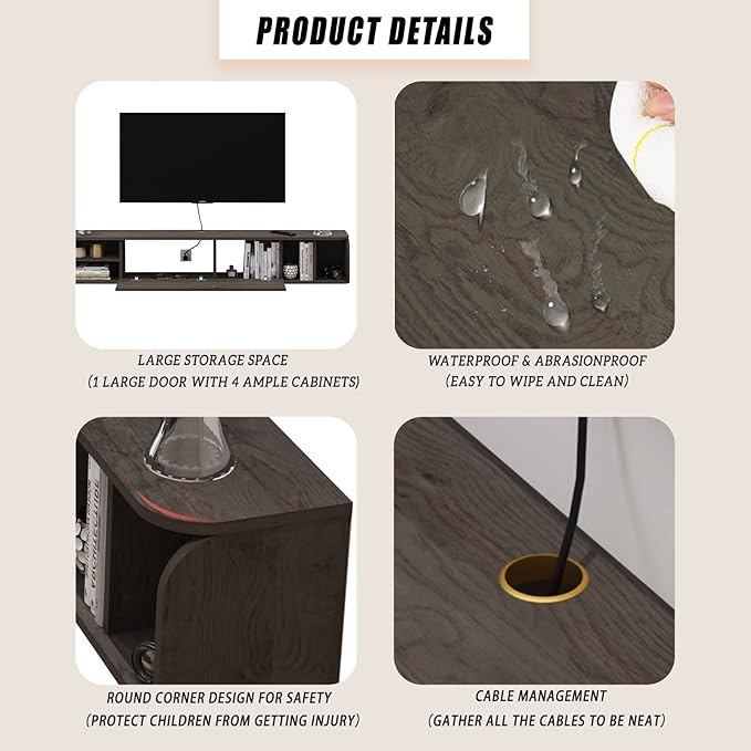 Floating TV Unit, 67'' Wall Mounted TV Cabinet, Floating Shelves with 4 Cabinets, Wooden Entertainment Media Console Center Large Storage TV Bench for Living Room & Office (67IN, Dark Grey)