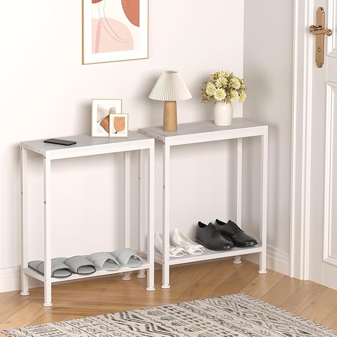 Narrow Side Table for Small Space, 2-Tier Small End Table with Shelf Holder, Slim Nightstand, Skinny Snack Couch Table in Living Room, Bedroom, Study, Kitchen and Balcony (White)