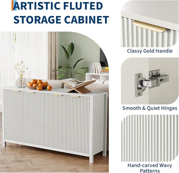 Buffet Cabinet with Storage, 55" Sideboard with 4 Doors and Adjustable Shelves, Modern Credenza Buffet Table Media Console for Dining Room Living Room Entryway, White