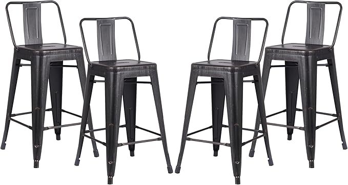AC Pacific 24” Metal Barstool Set of 4 – Country Rustic Style with Low Back, Lightweight & Sturdy Build, Easy Assembly – Distressed Black