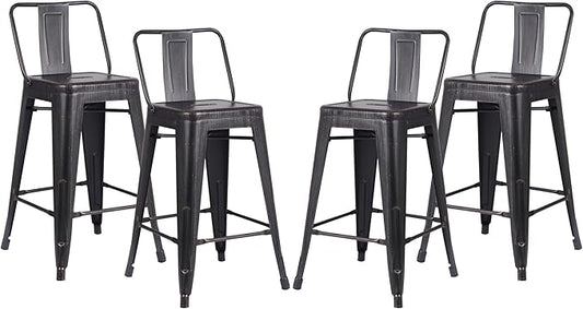 AC Pacific 24” Metal Barstool Set of 4 – Country Rustic Style with Low Back, Lightweight & Sturdy Build, Easy Assembly – Distressed Black