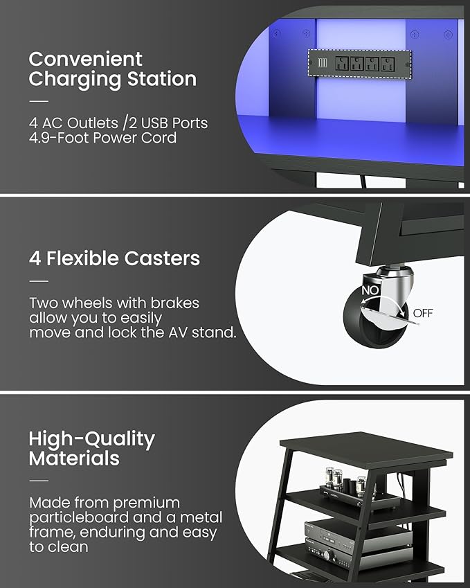 4-Tier AV Media Stand with Wheels, Stereo Stands, Media Console Shelf with Power Strips, LED Lights, Wooden Audio Cabinet Rack Tower for Record Player/Apple TV/ps4, Black TCJ60UDBB