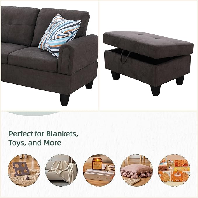 L Shaped Sectional Couches for Living Room, Modern Modular Sectional Sofa with Ottoman Storage, Comfy L Shaped Couch with Chaise for Bedroom Apartment Furniture, Coffee