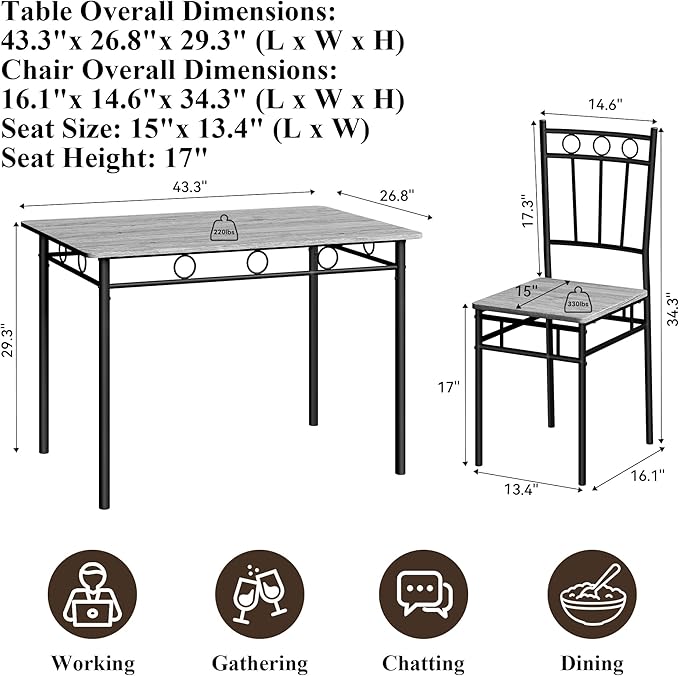 5 Piece Dining Table Set, Modern Metal&Wood Kitchen Dinner Table with 4 Chairs, Dining Room Table Sets for Small Spaces, Gray