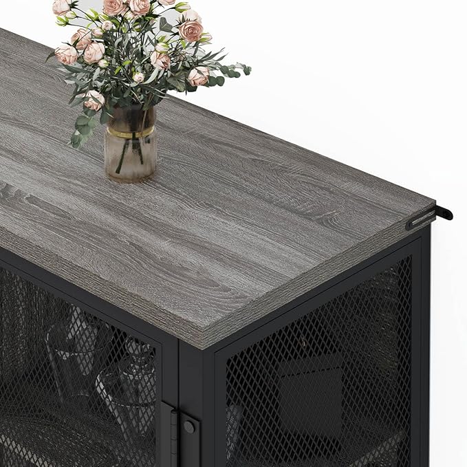 BON AUGURE Small Coffee Bar Cabinet for Liquor, Farmhouse Storage Cabinet with Doors, Wood Sideboard Buffet Cabinets for Home Kitchen, Dining Room, Living Room (Dark Grey Oak)
