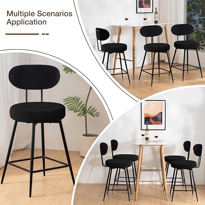 HOMMPA Counter Height Swivel Bar Stools Set of 4 Boucle Barstools 26'' Upholstered Modern Counter Barstools with Back Metal Legs Bar Stools Chairs for Kitchen Counter Island Black