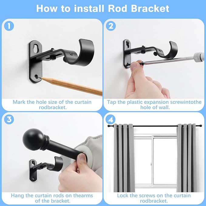 Curtain Rods for Windows 16 to 92 Inches, Curtain Rod Max Adjustable Length of 104 IN, 6/8" Diameter Drapery Rods Round Finials, Black, Pack of 1