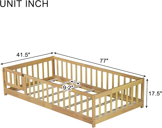 Twin Floor Bed Frame with Slats and Safety Guardrail, Wood Twin Size Montessori Floor Bed with Door and Fence, Easy Assemble Montessori Beds for Kids, Girls, Boys, Natural