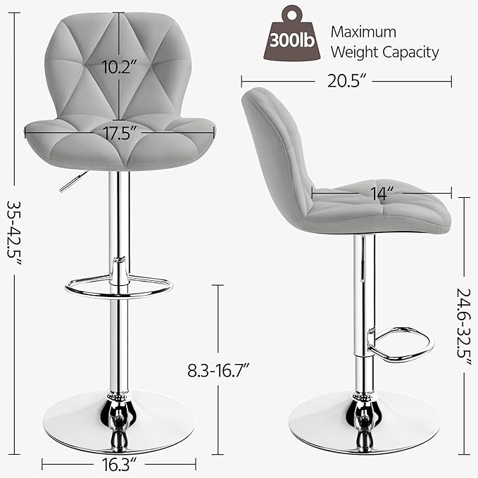 Yaheetech Bar Stools Set of 4, PU Leather Swivel Barstools, Height Adjustable Counter Stools with Backrest fot Kitchen Home Bar, Light Grey