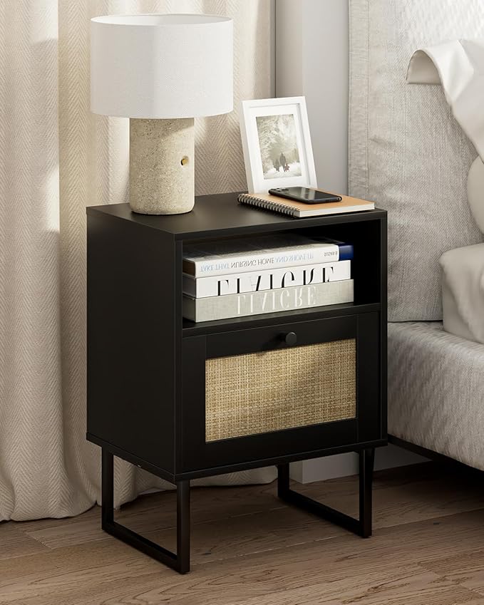 Masupu Rattan Nightstand,Modern Boho Farmhouse Wood Bedside Table with Storage Drawer and Open Shelf,Small Black Frame Side End Table for Bedroom,Living Room,Office (Black)