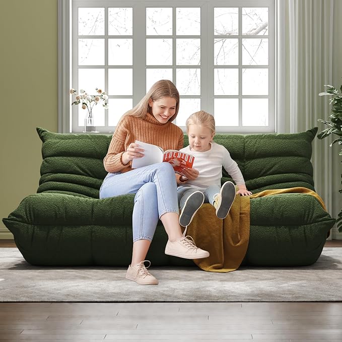 Bean Bag Chairs for Adults, BeanBag Reading Chair Memory Foam Couch 3-Seater, Floor Chair Soft Teddy Material, Comfy Reading Nook Chairs for Bedroom Living Room Office (Green)