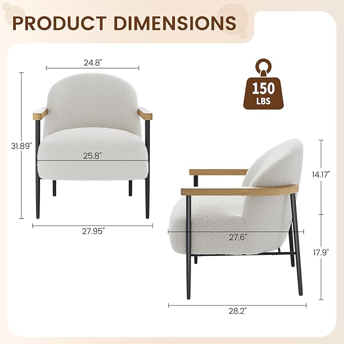 Garvee Modern Accent Chair, White Comfy Chair with Teddy Fabric, Wood Arms, Metal Frame & Adjustable Feet, Mid Century Modern Chair for Living Room,Bedroom, Office
