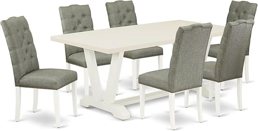 East West Furniture V027EL207-7 7 Piece Dining Room Table Set Consist of a Rectangle Kitchen Table with V-Legs and 6 Gray Linen Fabric Parsons Dining Chairs, 40x72 Inch, Multi-Color