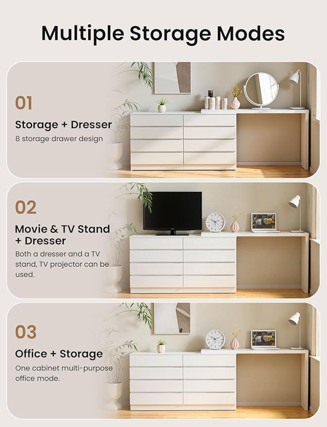 8 Drawer Vanity Dresser Combo with Extendable Table & L-Shaped Desk, White MDF Large Dresser for Bedroom, Adjustable Makeup Dressing Table with Wide Storage, Desk and Vanity Combo for Small Spaces